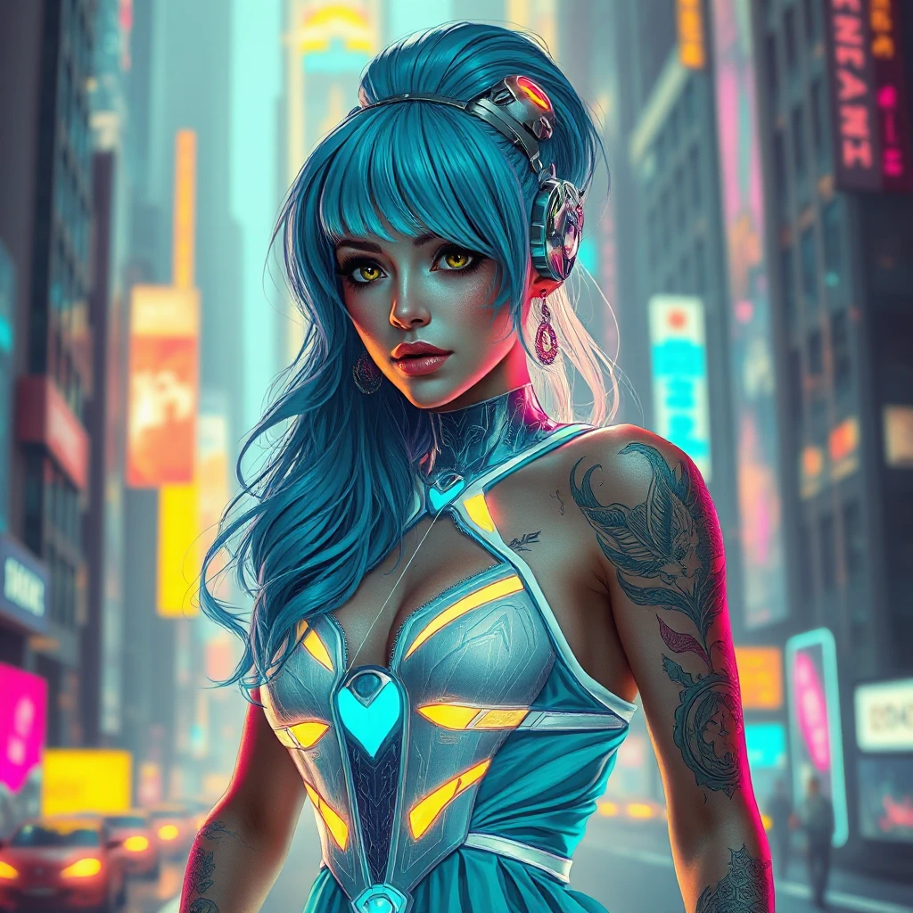 Futuristic cyber-princess with neon hair and glowing tattoos, wearing a holographic dress in a neon-lit megacity