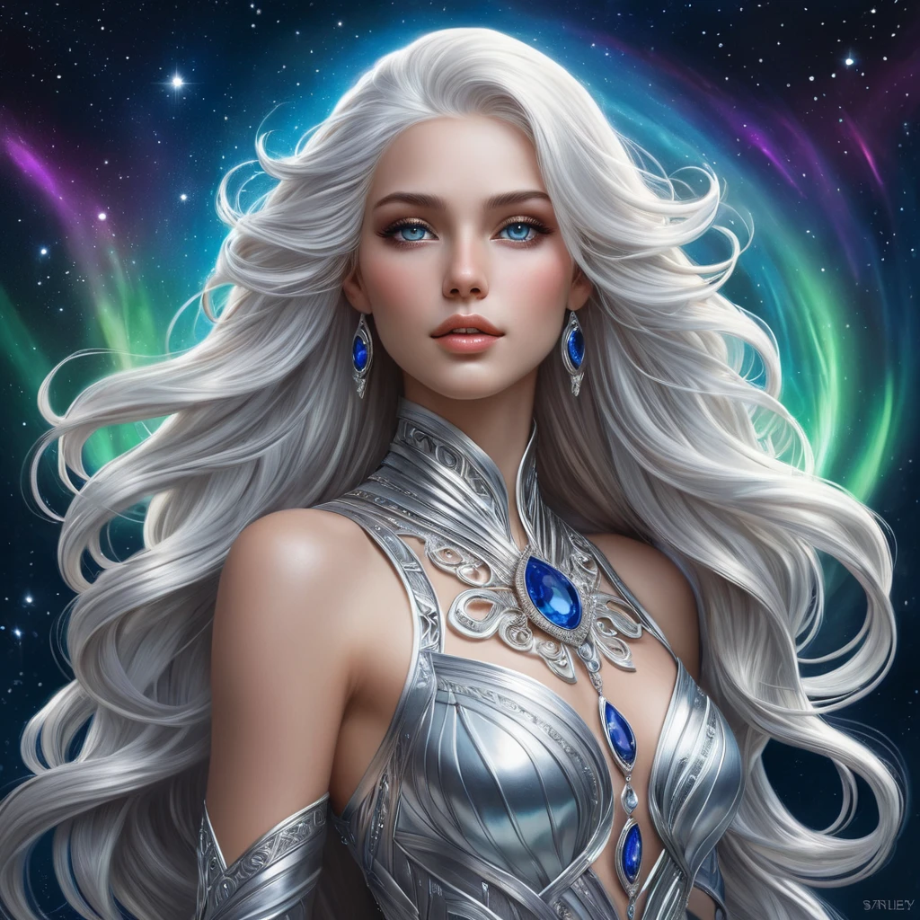 A celestial goddess with flowing silver hair and eyes like sapphires, standing amidst a shimmering aurora