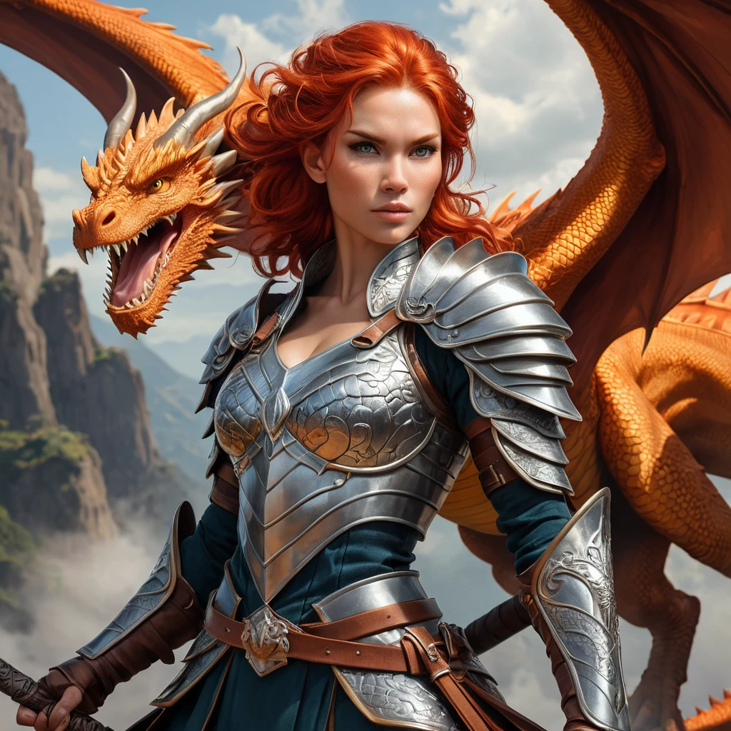 A dragon-riding warrior with fiery red hair and a fierce expression, holding a sword aloft