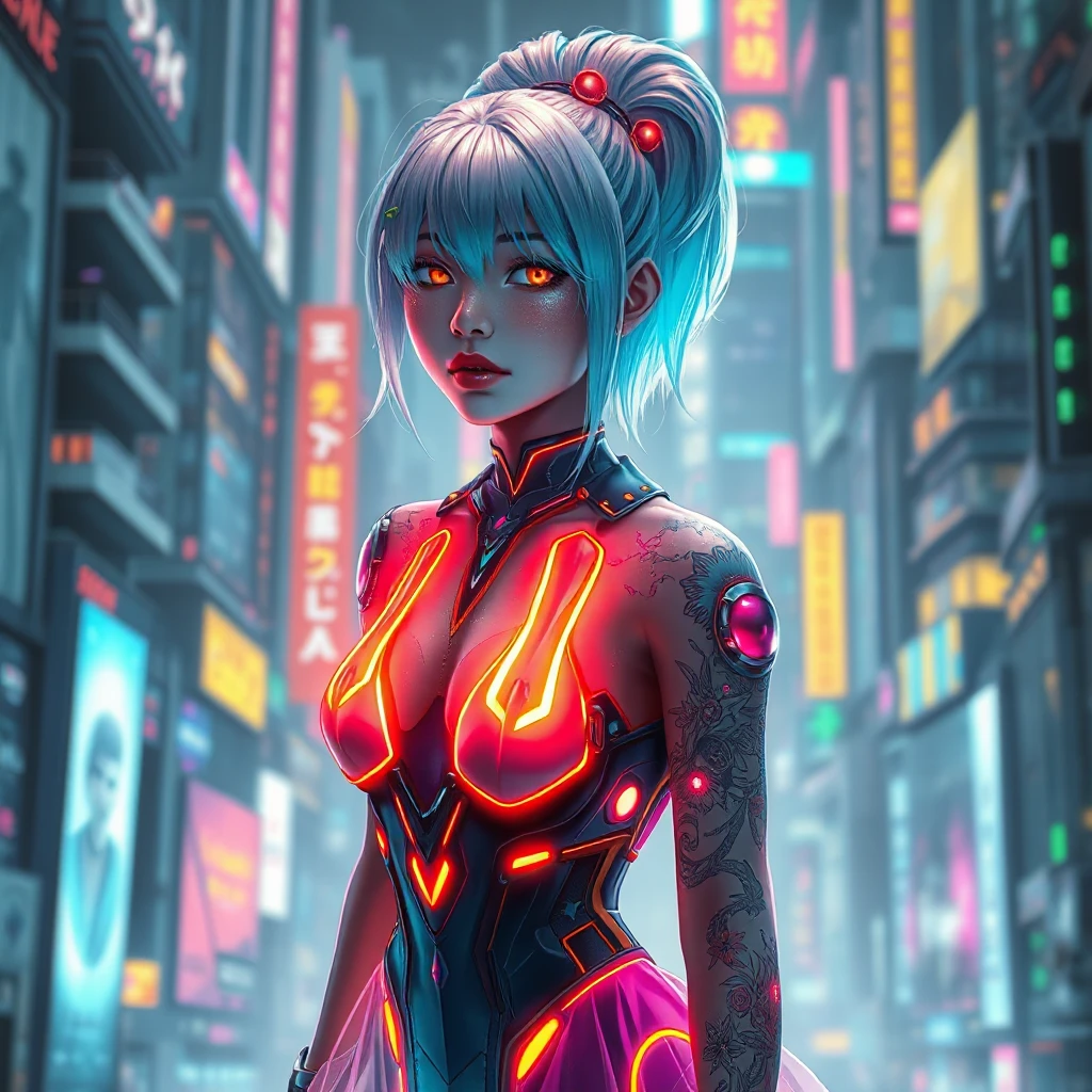 Futuristic cyber-princess with neon hair and glowing tattoos, wearing a holographic dress in a neon-lit megacity