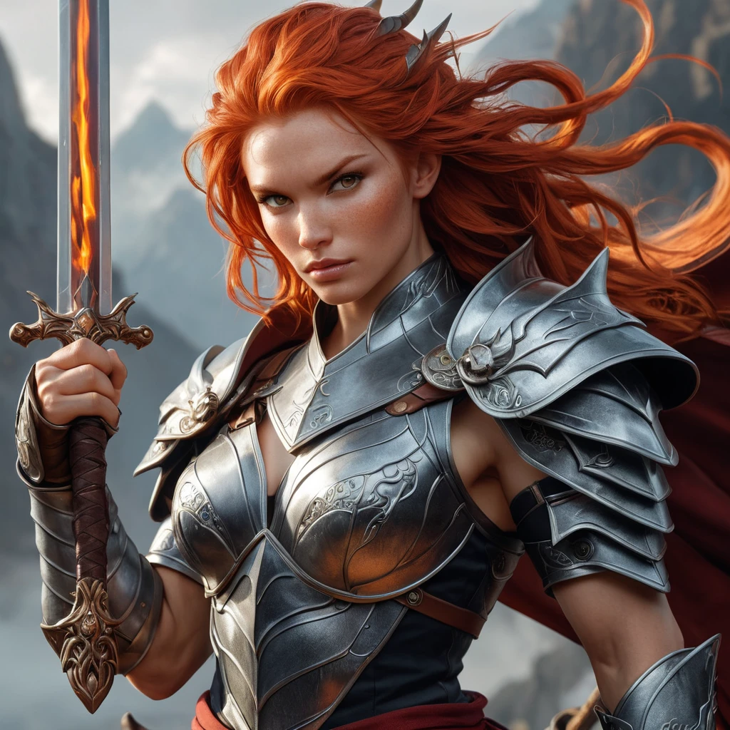 A dragon-riding warrior with fiery red hair and a fierce expression, holding a sword aloft