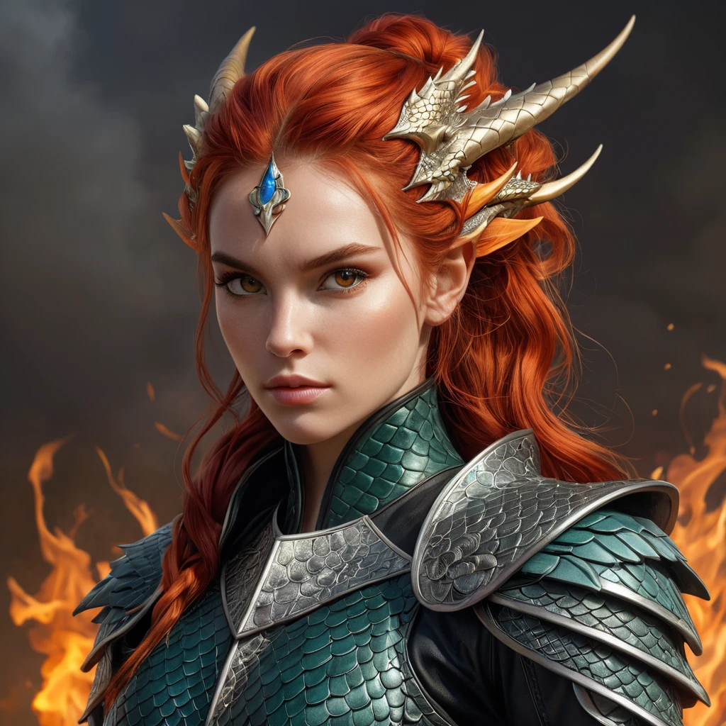 A fierce dragon rider, clad in leathers that are intricately designed to resemble the scales of a real dragon, with fiery red hair tied back defiantly, and eyes burning with inner fire.