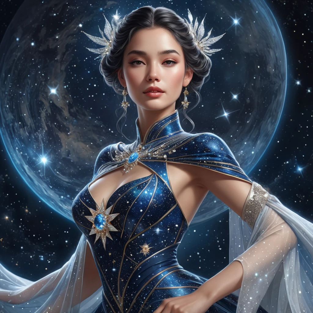 Celestial empress with star-speckled skin and constellation-patterned gown, floating gracefully through the cosmic void