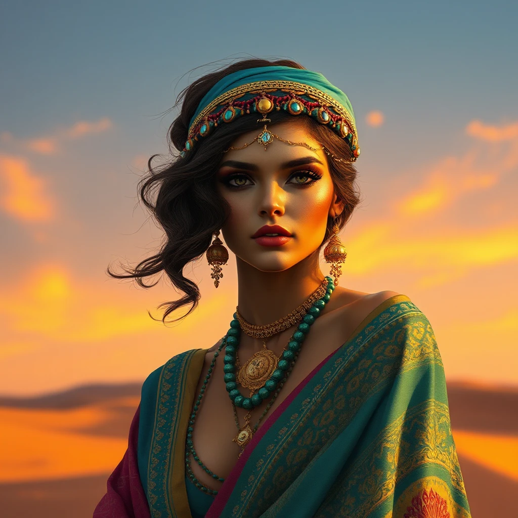 Desert queen with sun-kissed skin and kohl-rimmed eyes, adorned in jewel-toned silks and gold, atop a sand dune at sunset