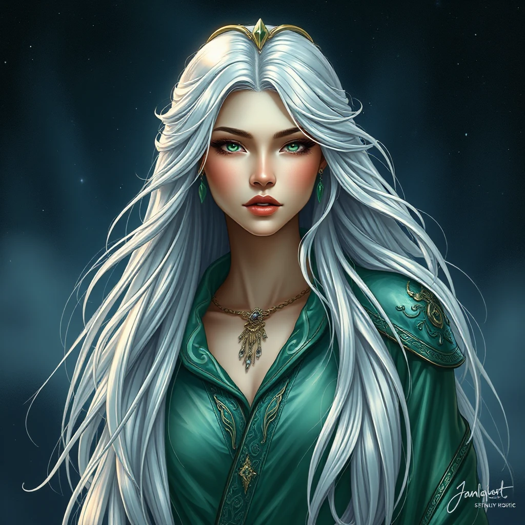 A captivating fantasy woman with long, flowing silver hair that cascades down her back like moonlight captured in silk, wearing intricate, shimmering robes of deep emerald green, set against a backdrop of starlit skies.