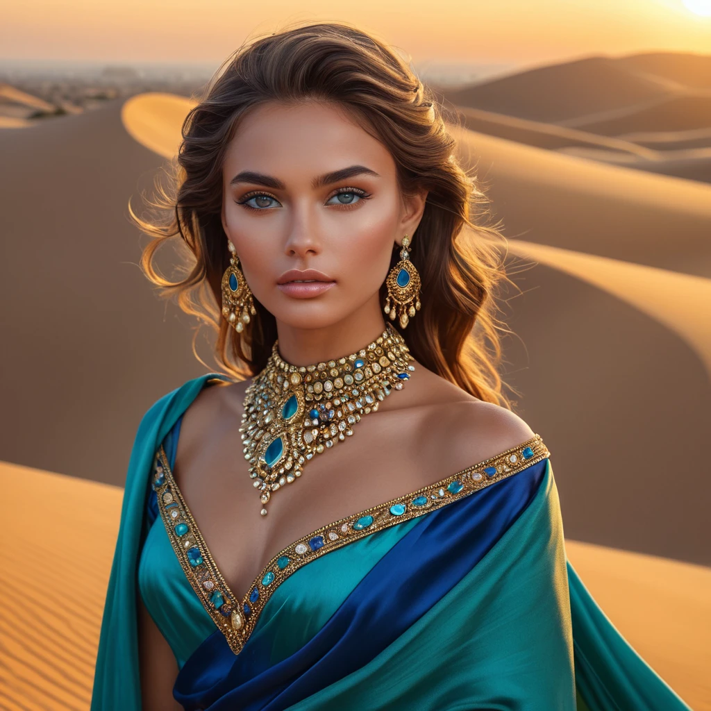 Desert queen with sun-kissed skin and kohl-rimmed eyes, adorned in jewel-toned silks and gold, atop a sand dune at sunset