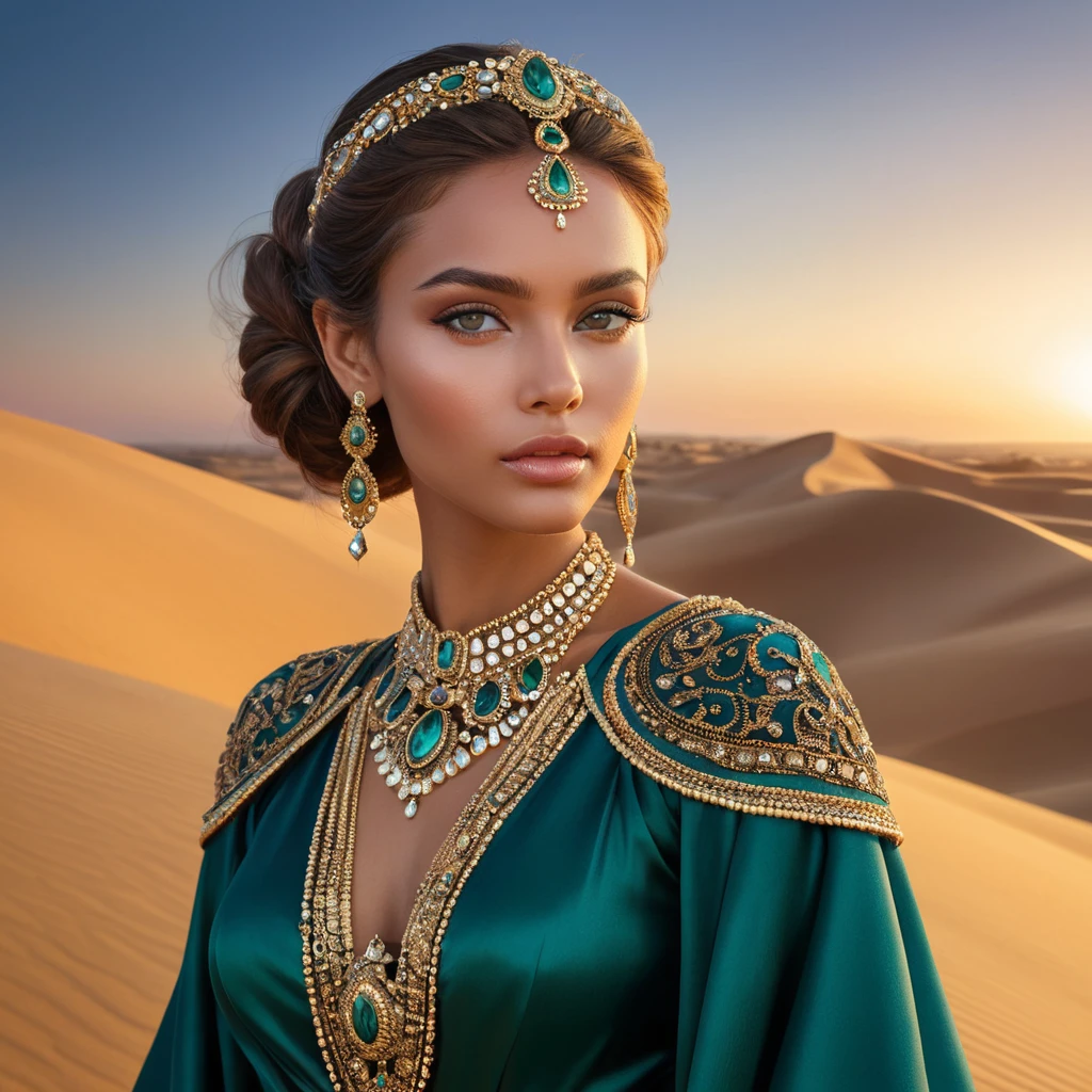 Desert queen with sun-kissed skin and kohl-rimmed eyes, adorned in jewel-toned silks and gold, atop a sand dune at sunset