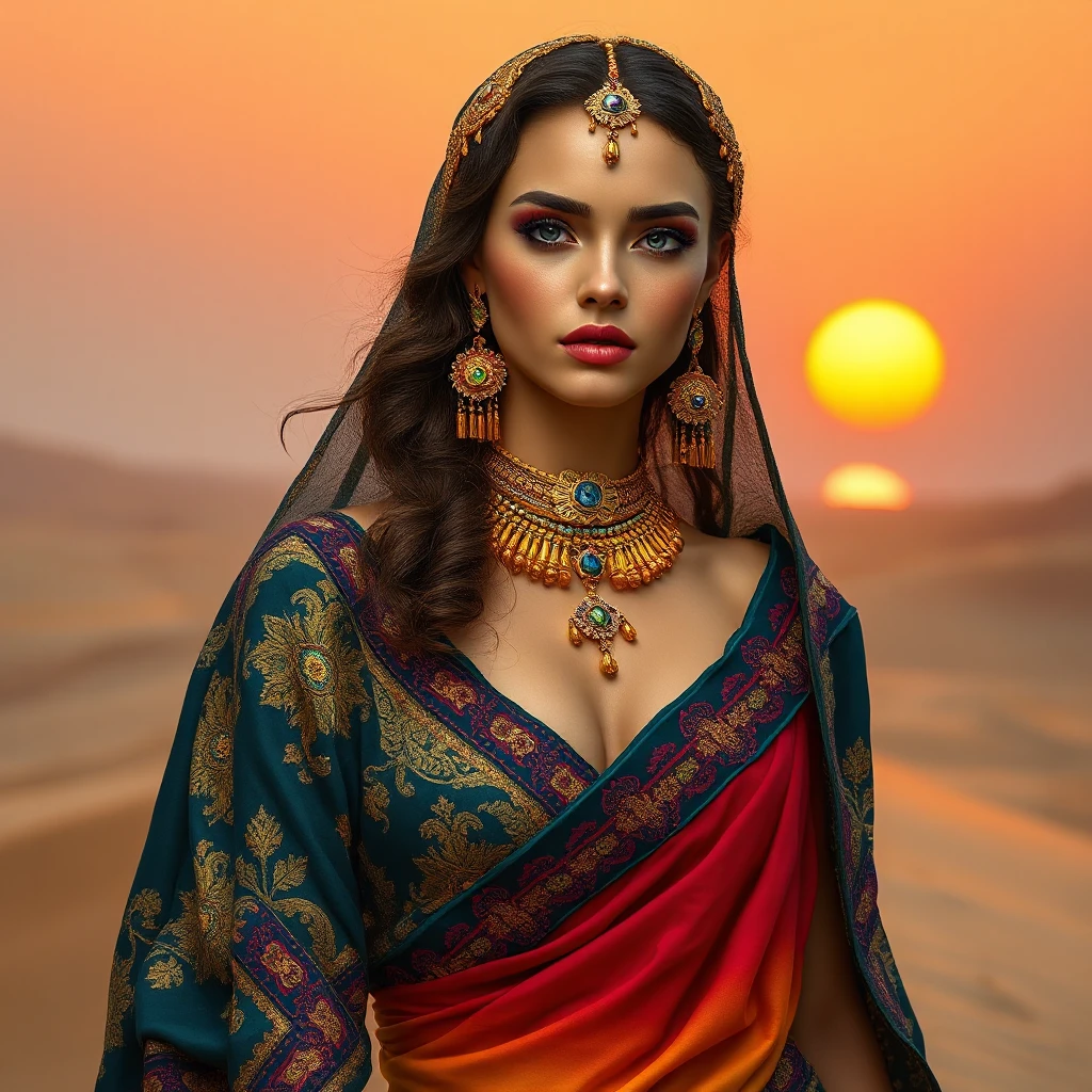 Desert queen with sun-kissed skin and kohl-rimmed eyes, adorned in jewel-toned silks and gold, atop a sand dune at sunset