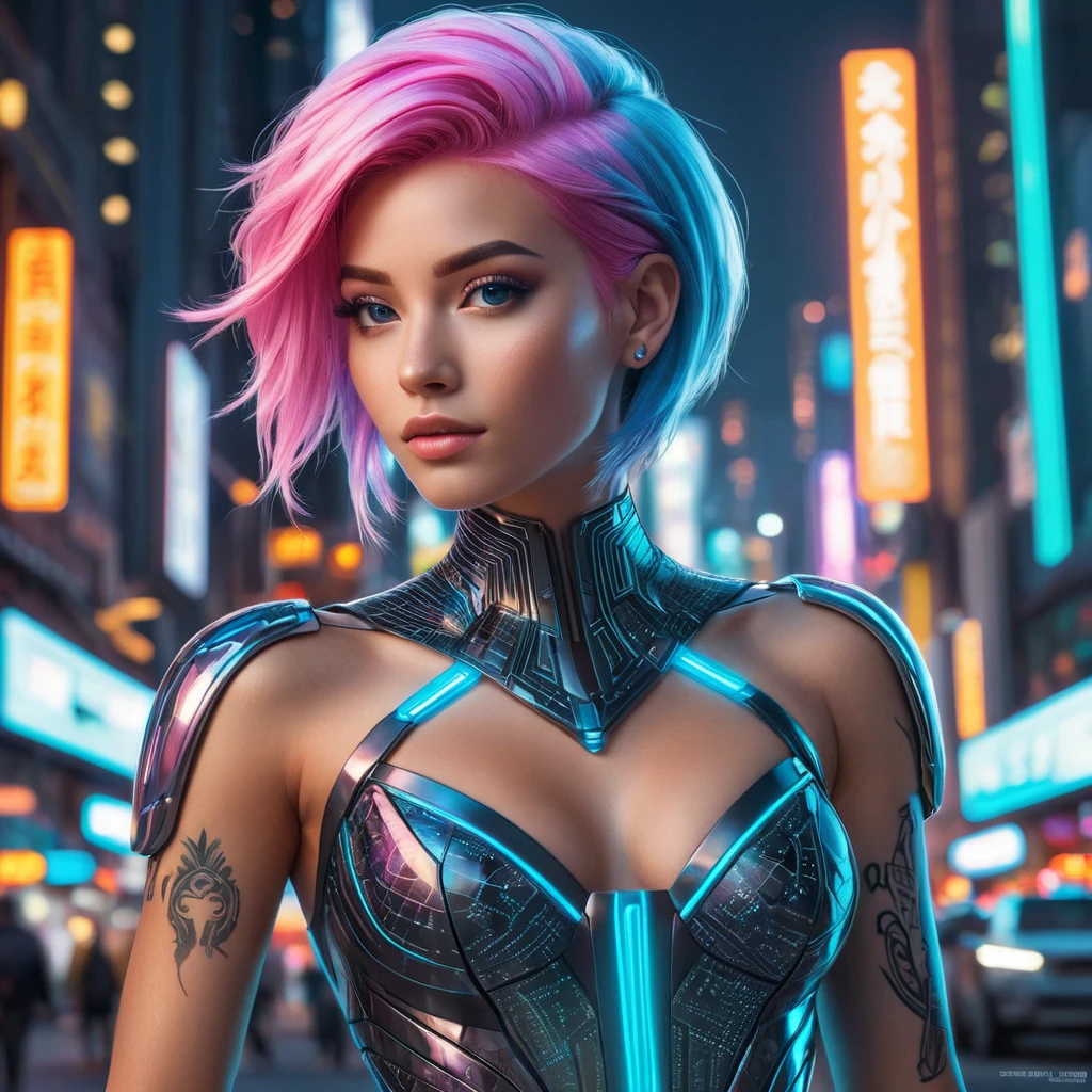 Futuristic cyber-princess with neon hair and glowing tattoos, wearing a holographic dress in a neon-lit megacity