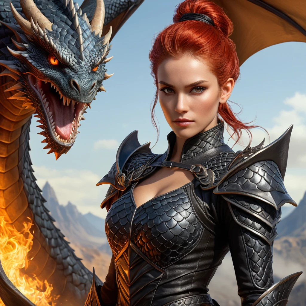 A fierce dragon rider, clad in leathers that are intricately designed to resemble the scales of a real dragon, with fiery red hair tied back defiantly, and eyes burning with inner fire.