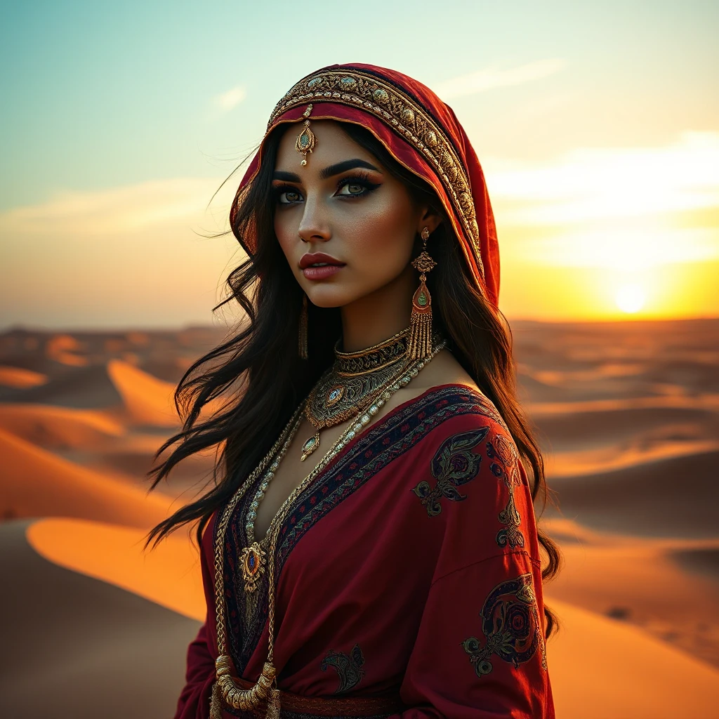 Desert queen with sun-kissed skin and kohl-rimmed eyes, adorned in jewel-toned silks and gold, atop a sand dune at sunset