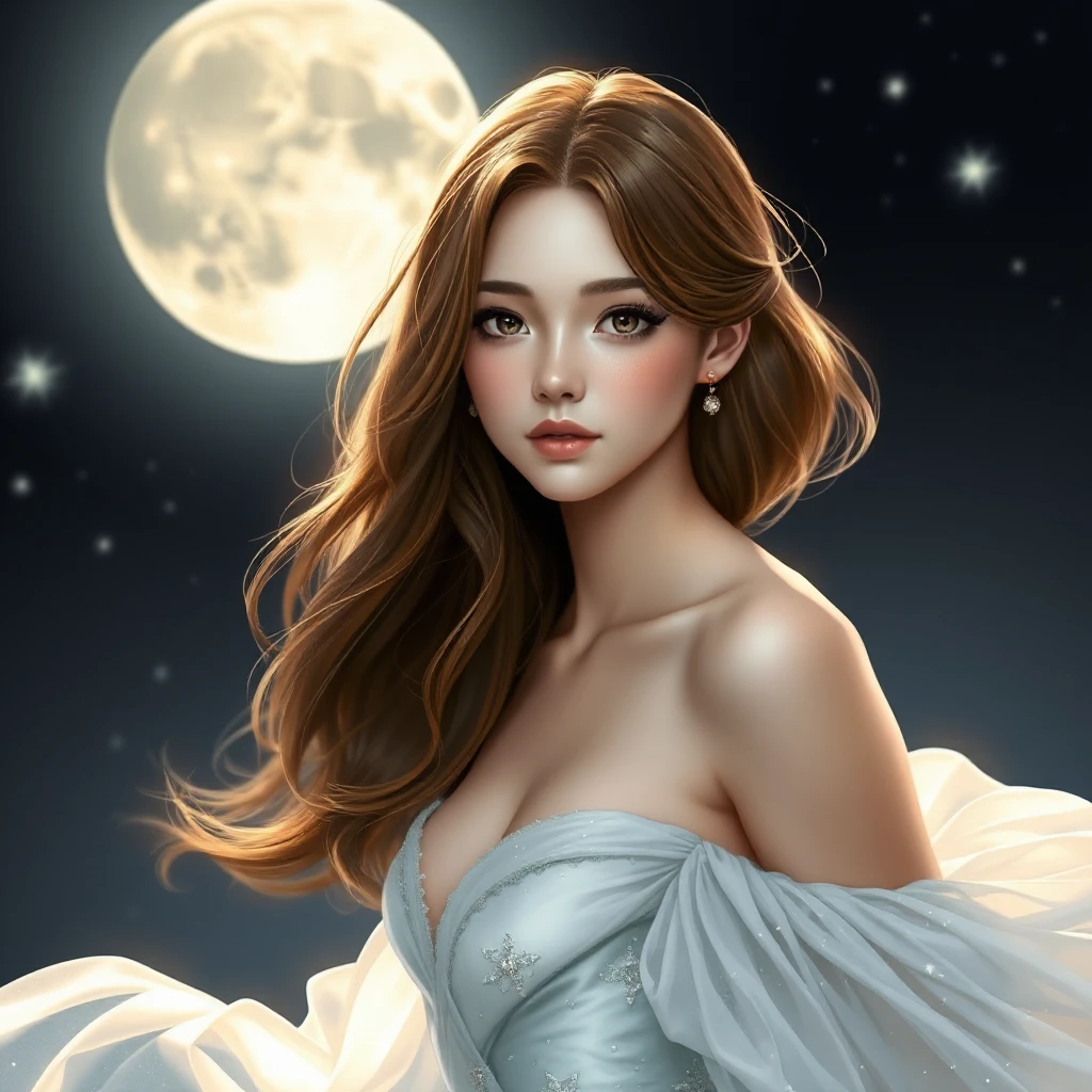 A serene fantasy woman with waist-length chestnut brown hair that frames her delicate features and contrasts beautifully with her soft, flowing dress that sparkles like star dust under the moonlight.