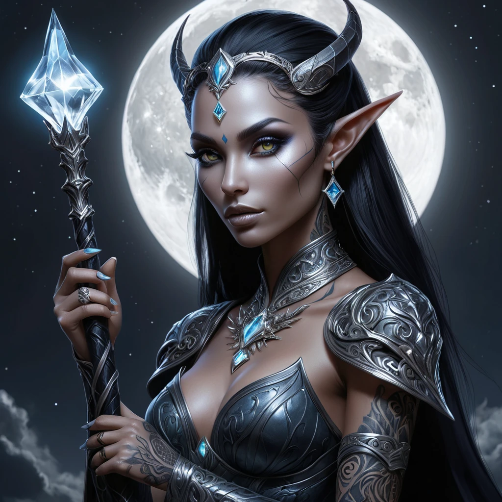 A dark elf queen with intricate tattoos glowing in the moonlight, holding a crystal staff