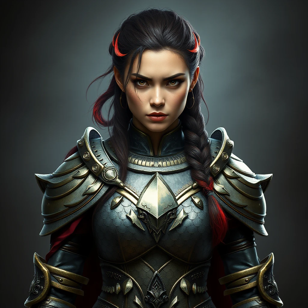 A warrior woman from a forgotten realm, clad in gleaming armor crafted from the scales of mythical beasts, her hair tied back in a fierce braid, with fiery red streaks running through it, facing forward with determination etched on her face.