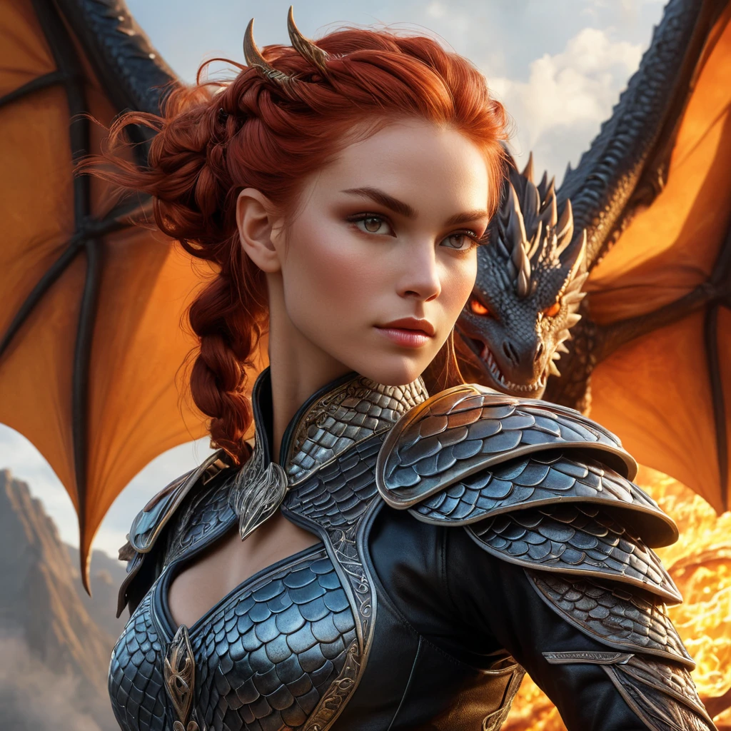 A fierce dragon rider, clad in leathers that are intricately designed to resemble the scales of a real dragon, with fiery red hair tied back defiantly, and eyes burning with inner fire.