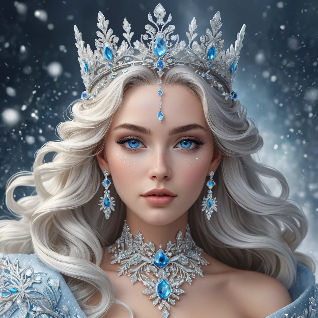 Regal ice queen with piercing blue eyes and frost-tipped hair, wearing a crystalline crown and a gown of swirling snowflakes