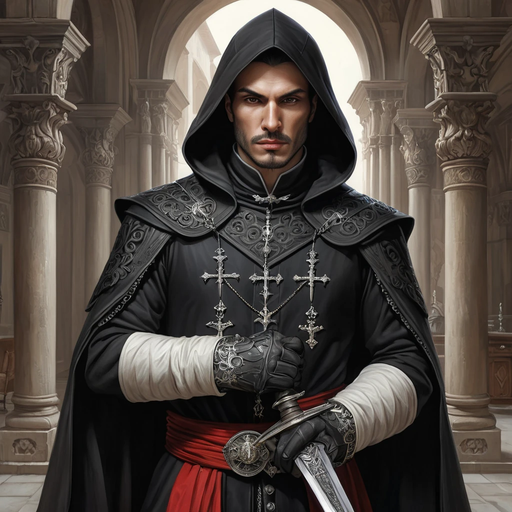 Aguilar de Nerha, the Assassin of the Spanish Inquisition, with a Gothic-inspired outfit and a pair of daggers