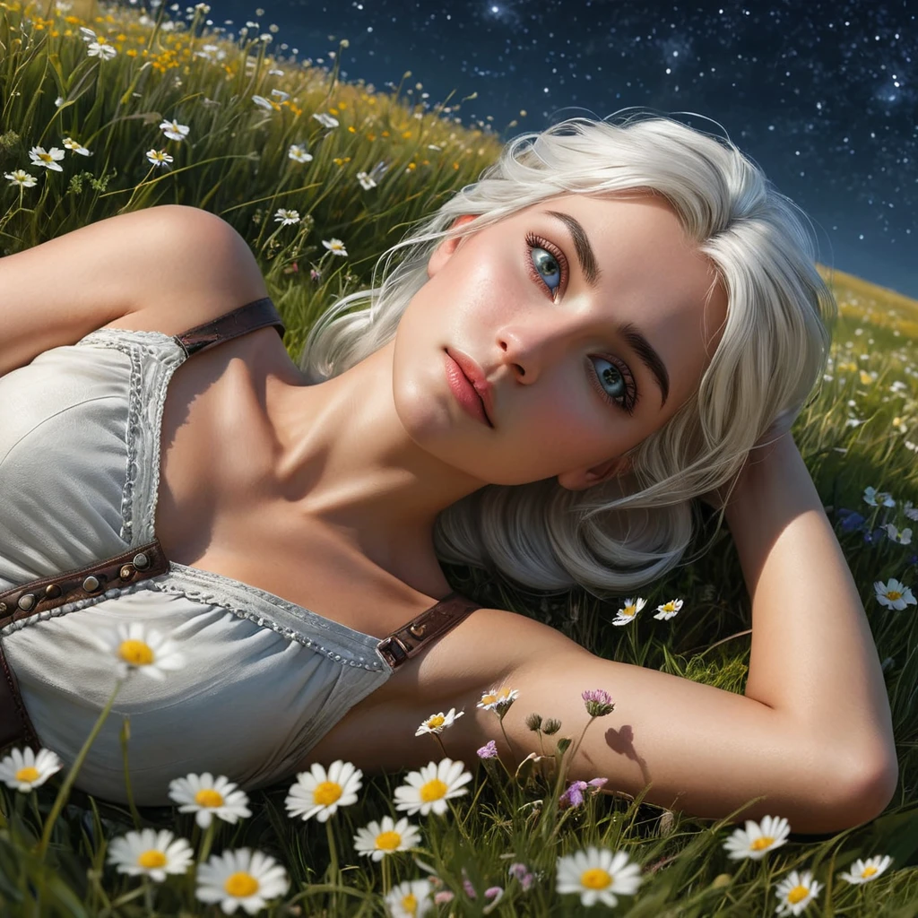 Ciri in a vast, open field of wildflowers under a clear, starry night sky, her form relaxed, lying back on the soft grass, her eyes gazing upwards