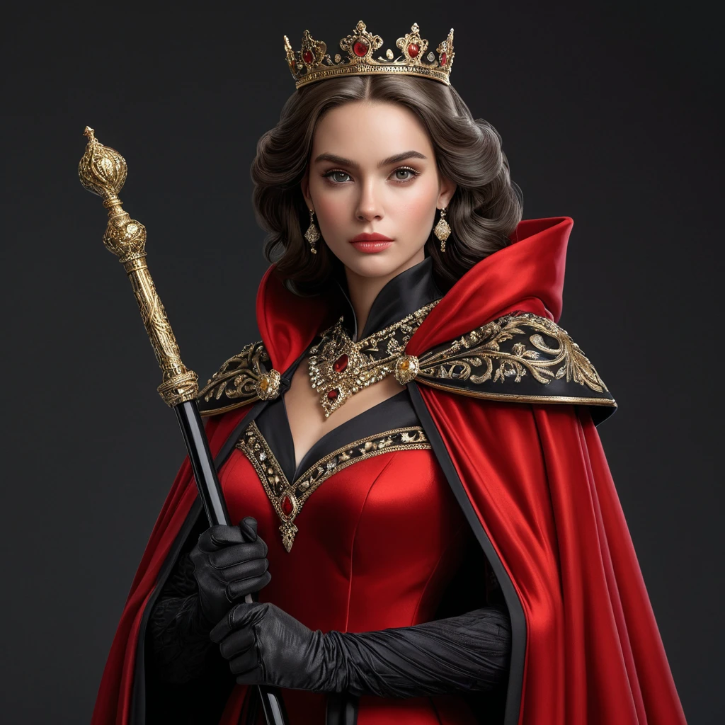 A majestic queen in a dress of deep scarlet, her shoulders draped in a cloak of shimmering black velvet, a scepter of carved ebony in her hand as she stands tall and proud, her eyes reflecting the strength and determination that has made her a formidable ruler.