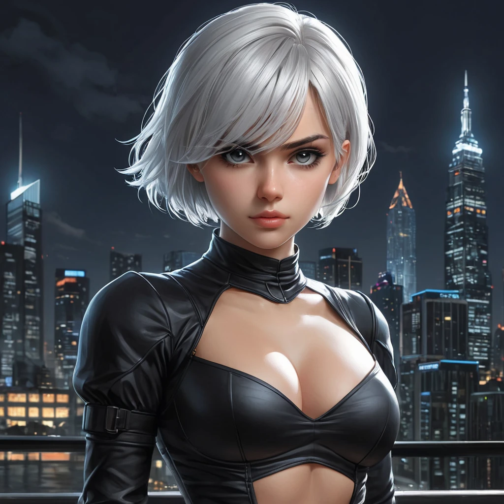 2B with a determined expression, standing in front of a city skyline at night