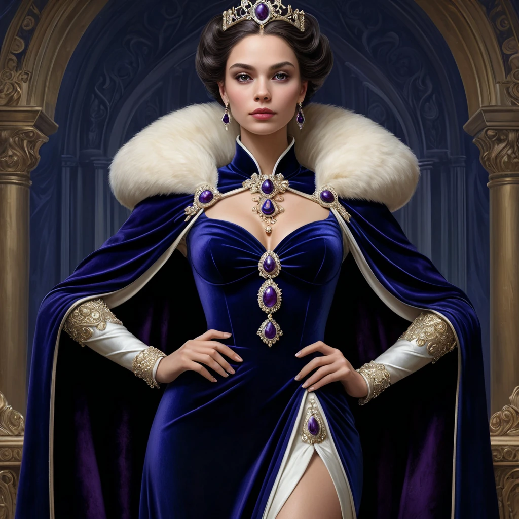 A powerful queen in a dress of shimmering midnight blue, her shoulders draped in a cloak of deep purple velvet, a scepter of carved ivory in her hand as she stands before her loyal subjects.