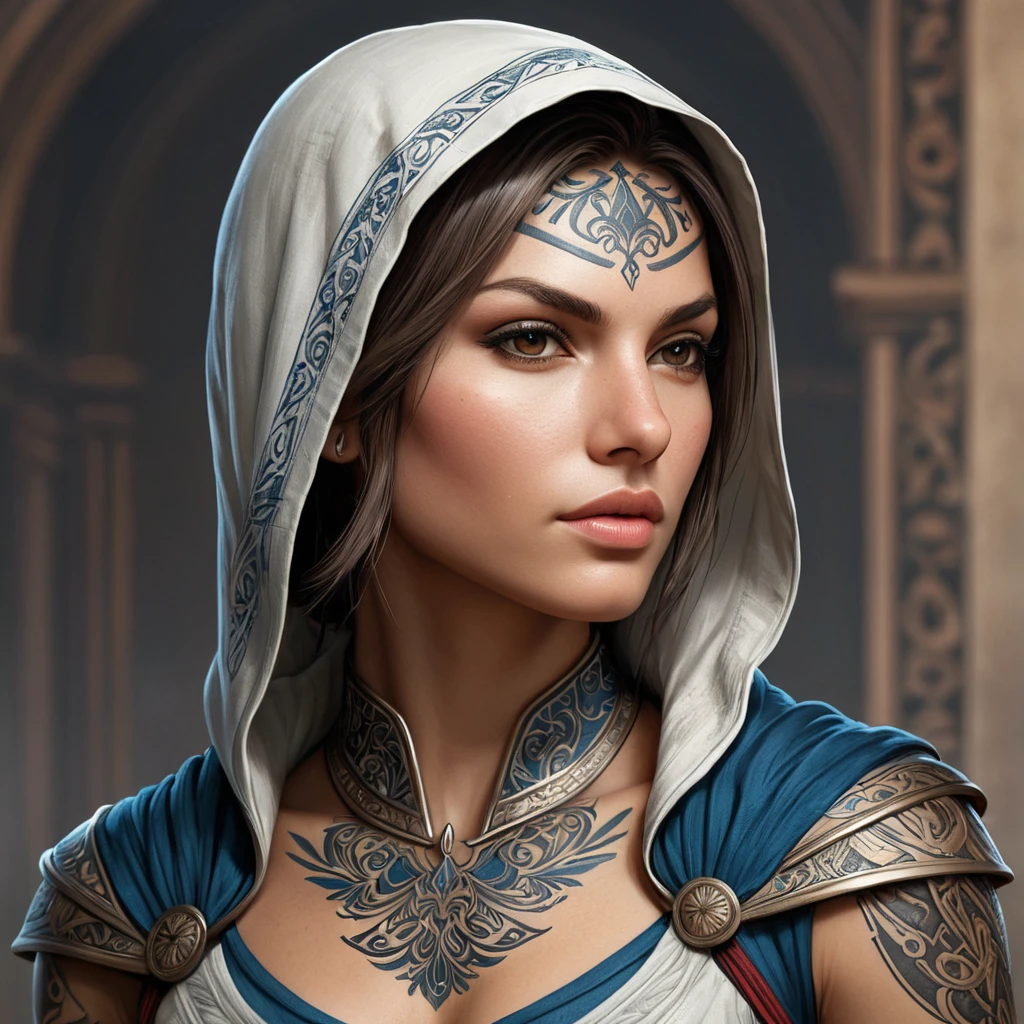 a female Assassin from the Assassin's Creed series, with intricate tattoos and a striking facial profile, rendered in a detailed, painterly style