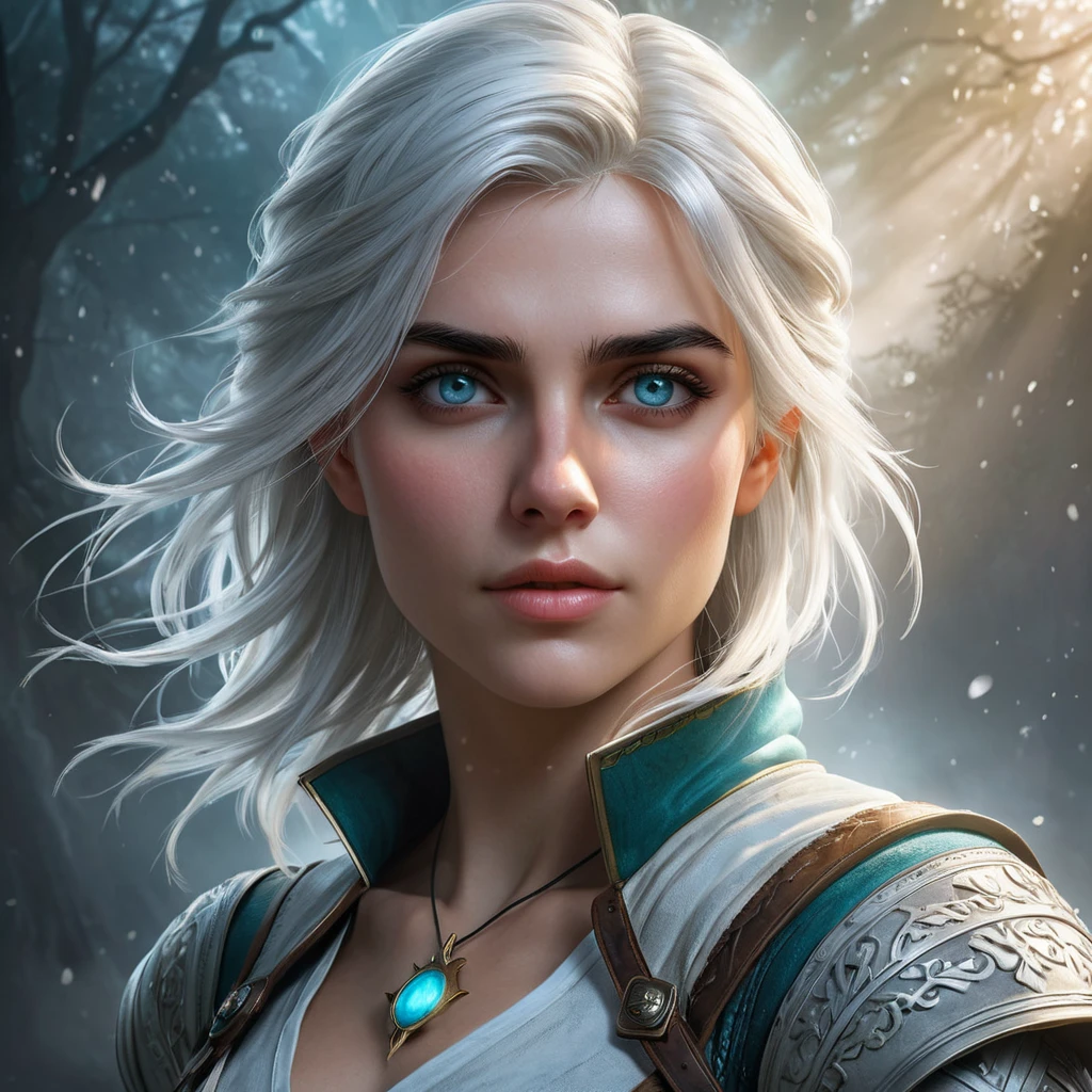 An ethereal depiction of Ciri from The Witcher 3, surrounded by swirling mists and spectral lights, her eyes glowing with mystical power, in a dreamlike environment.