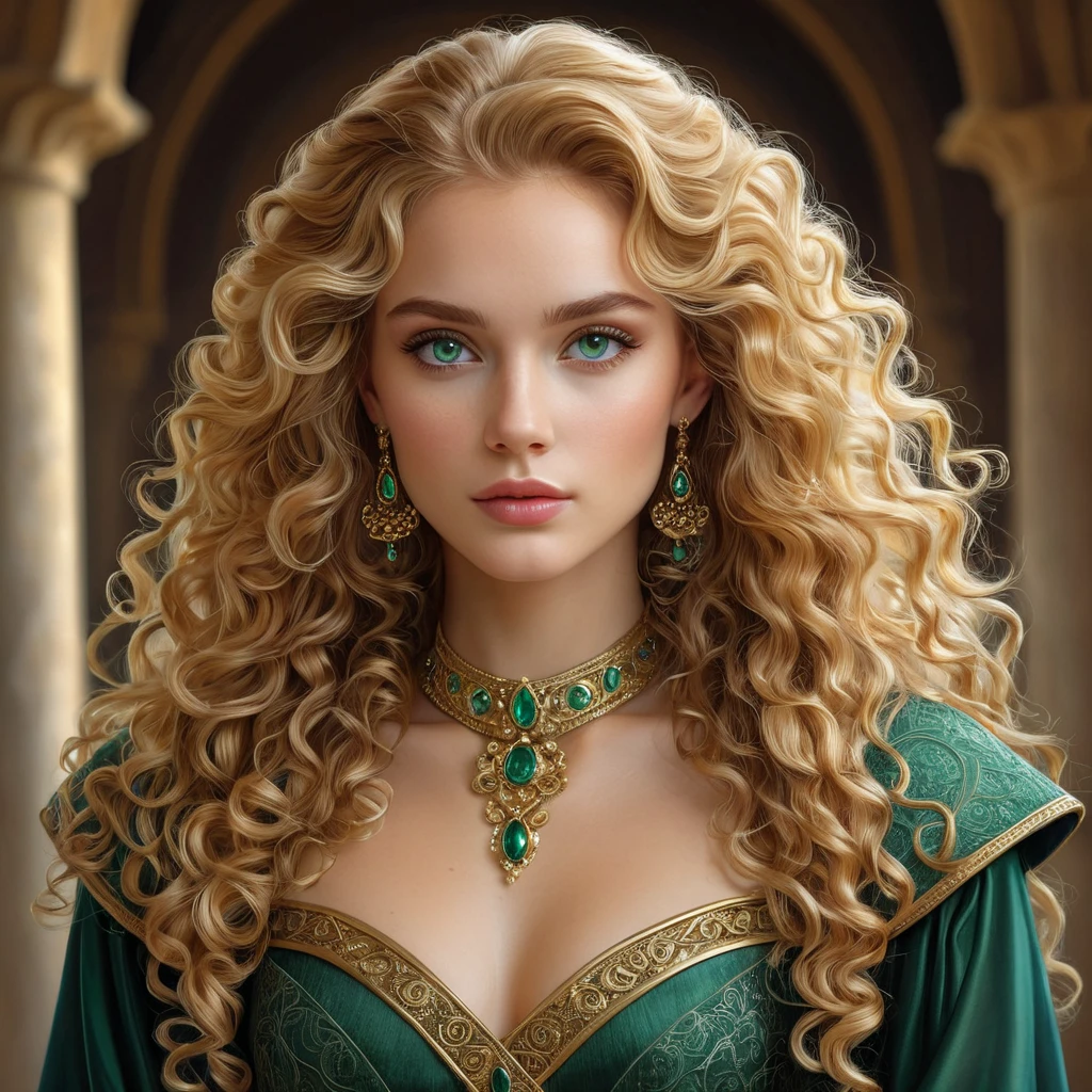 A beautiful, elegant woman with long, curly golden hair and piercing emerald eyes, inspired by the refined and cultured world of the Nilfgaardian court