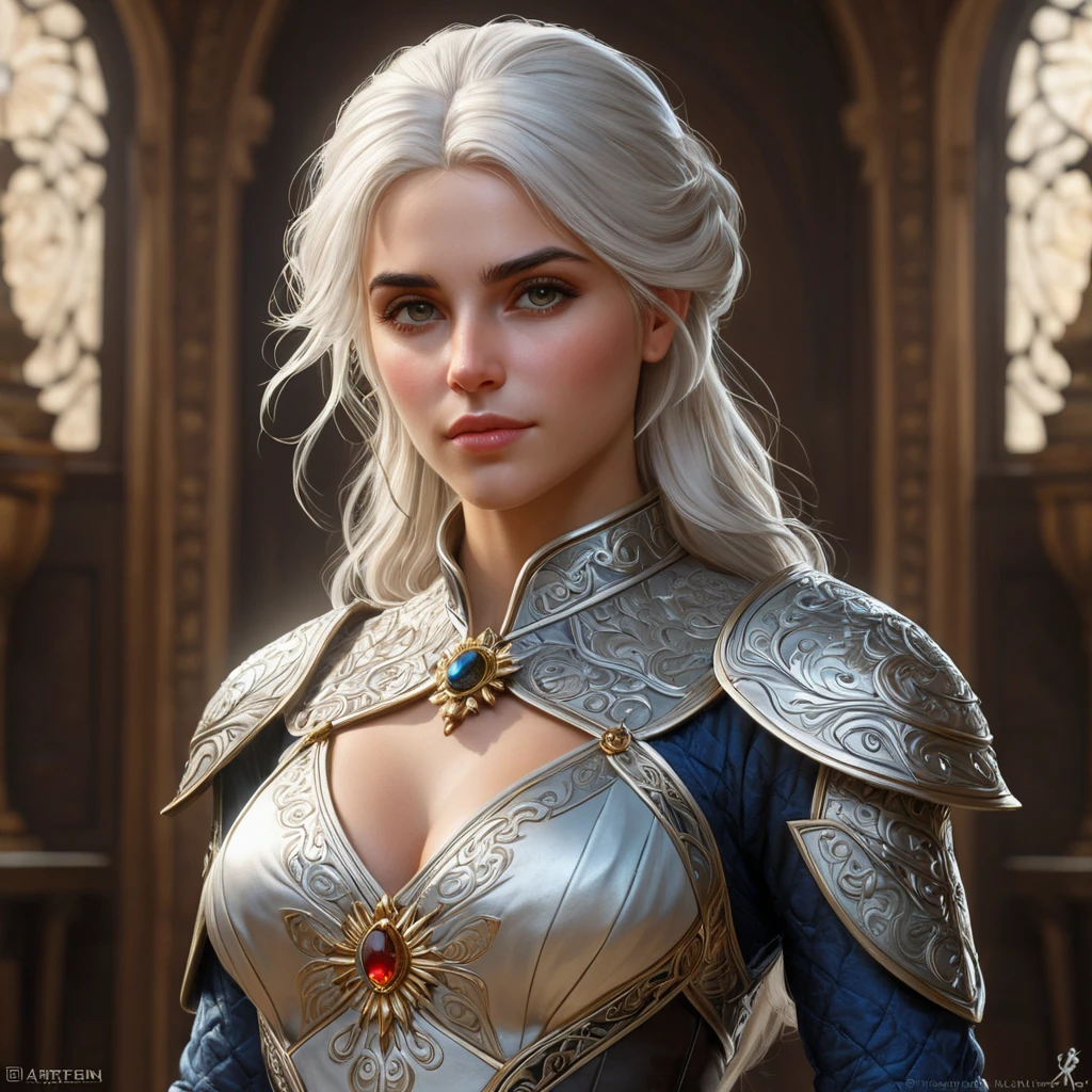 Ciri, the daughter of Emhyr var Emreis, in a regal and commanding pose, her imperial heritage shining through. Highly detailed, ornate, and majestic.