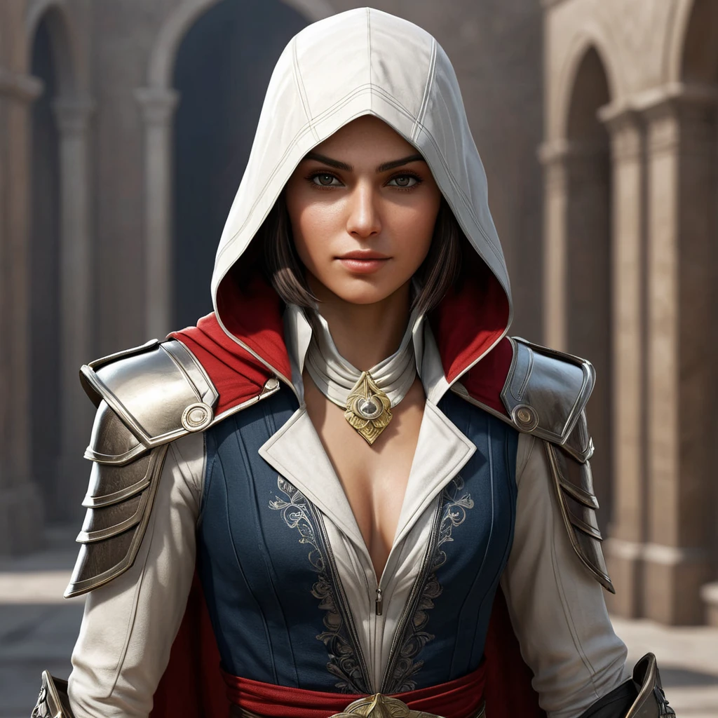 a female protagonist from the Assassin's Creed universe, with a mix of elegance and ferocity, rendered in a high-contrast, cinematic style