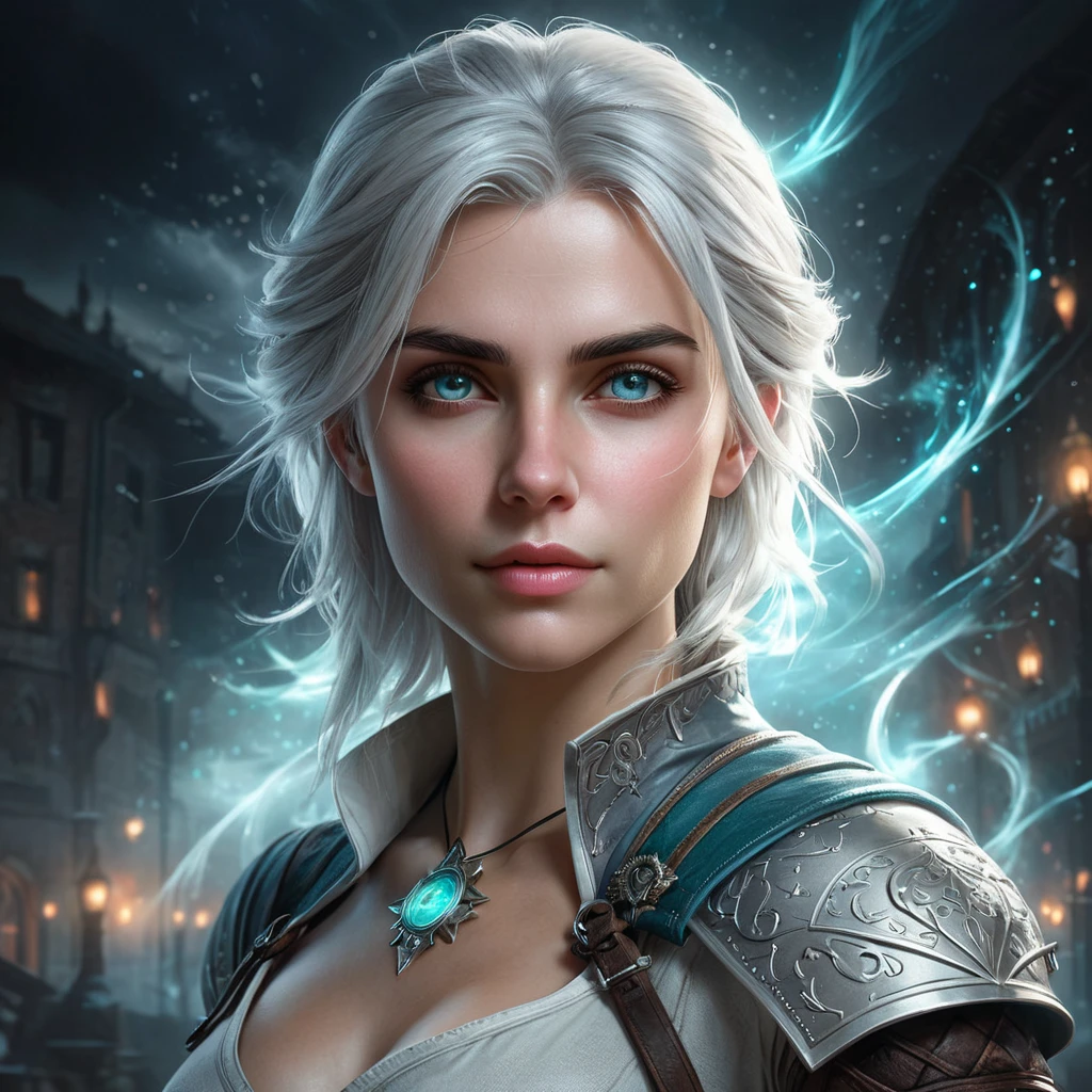 An ethereal depiction of Ciri from The Witcher 3, surrounded by swirling mists and spectral lights, her eyes glowing with mystical power, in a dreamlike environment.