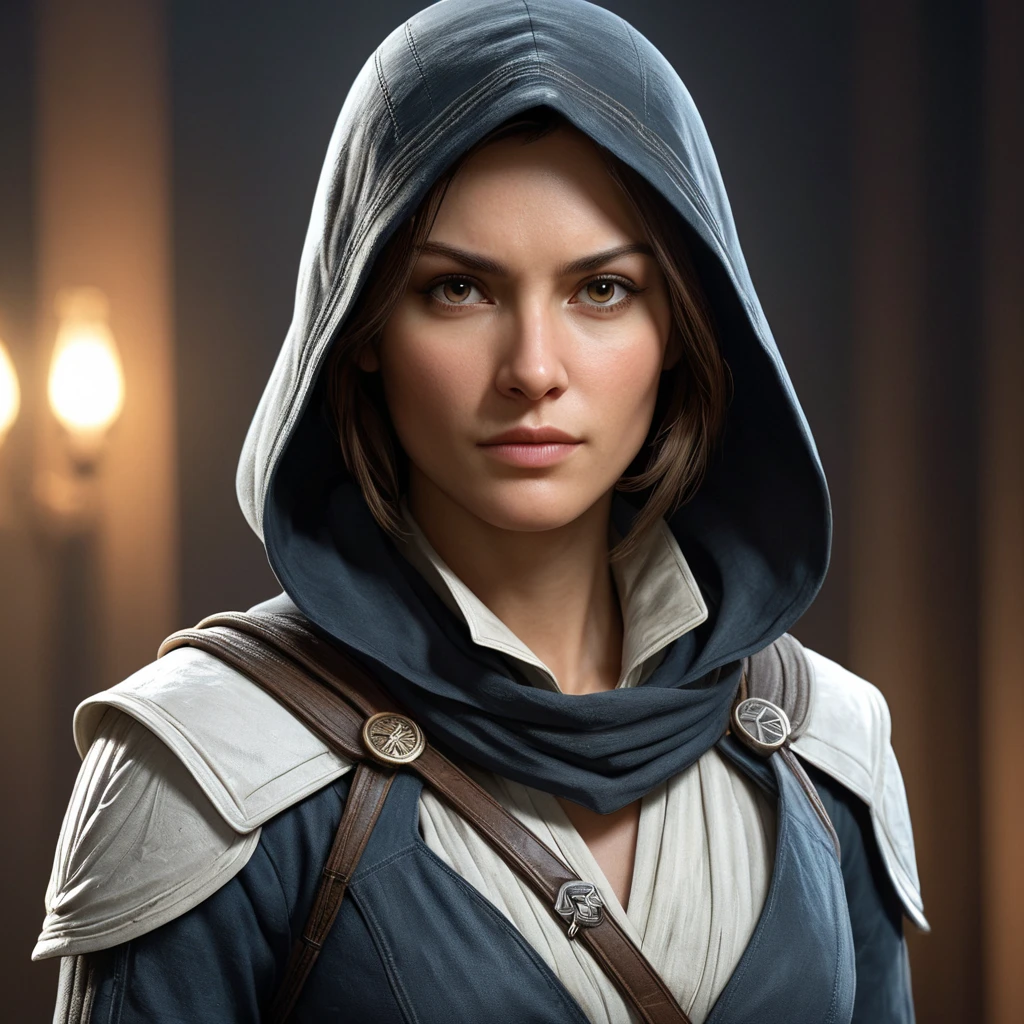 a graceful, agile female protagonist from the Assassin's Creed franchise, with striking features and a determined expression, in a cinematic, dramatic lighting