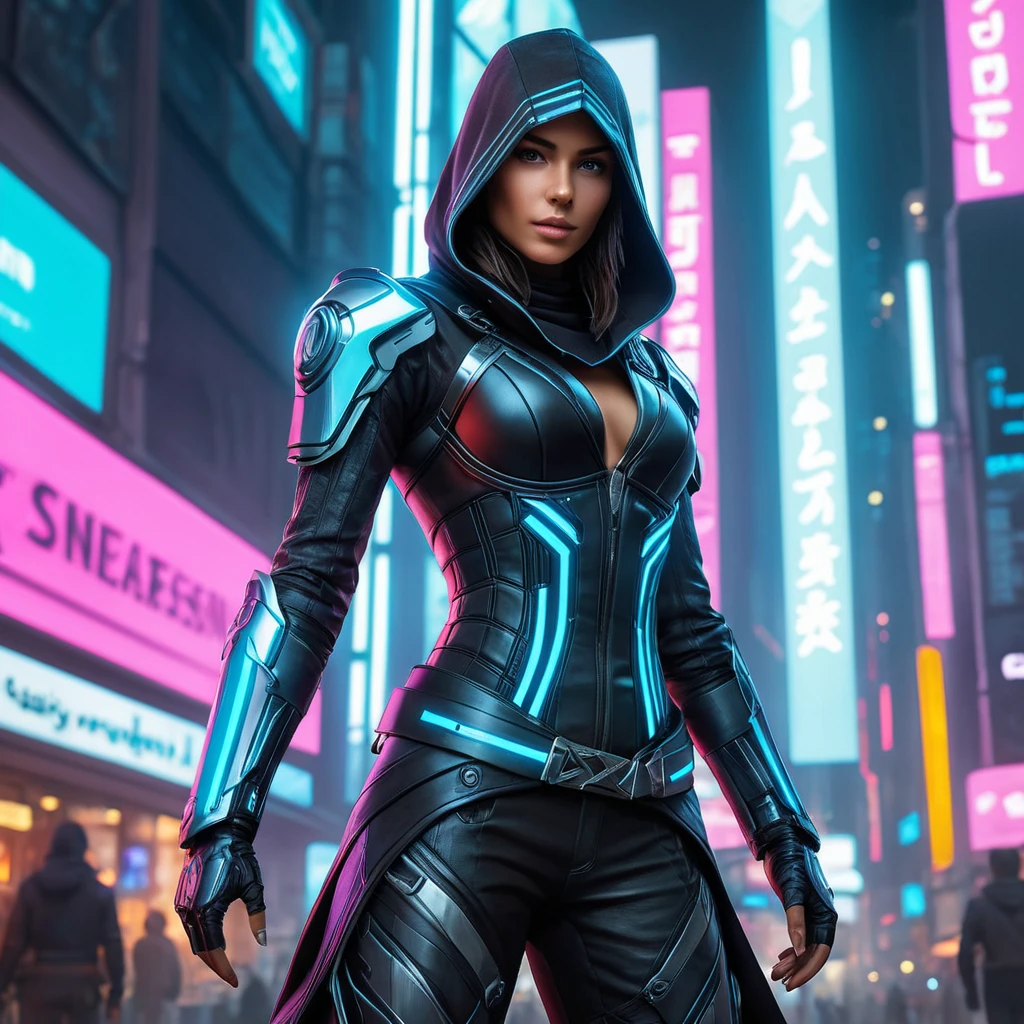 Create an image of a beautiful Assassin's Creed woman in a futuristic cyberpunk setting, her outfit blending traditional assassin garb with neon-lit cybernetic enhancements, standing under a towering holographic advertisement.