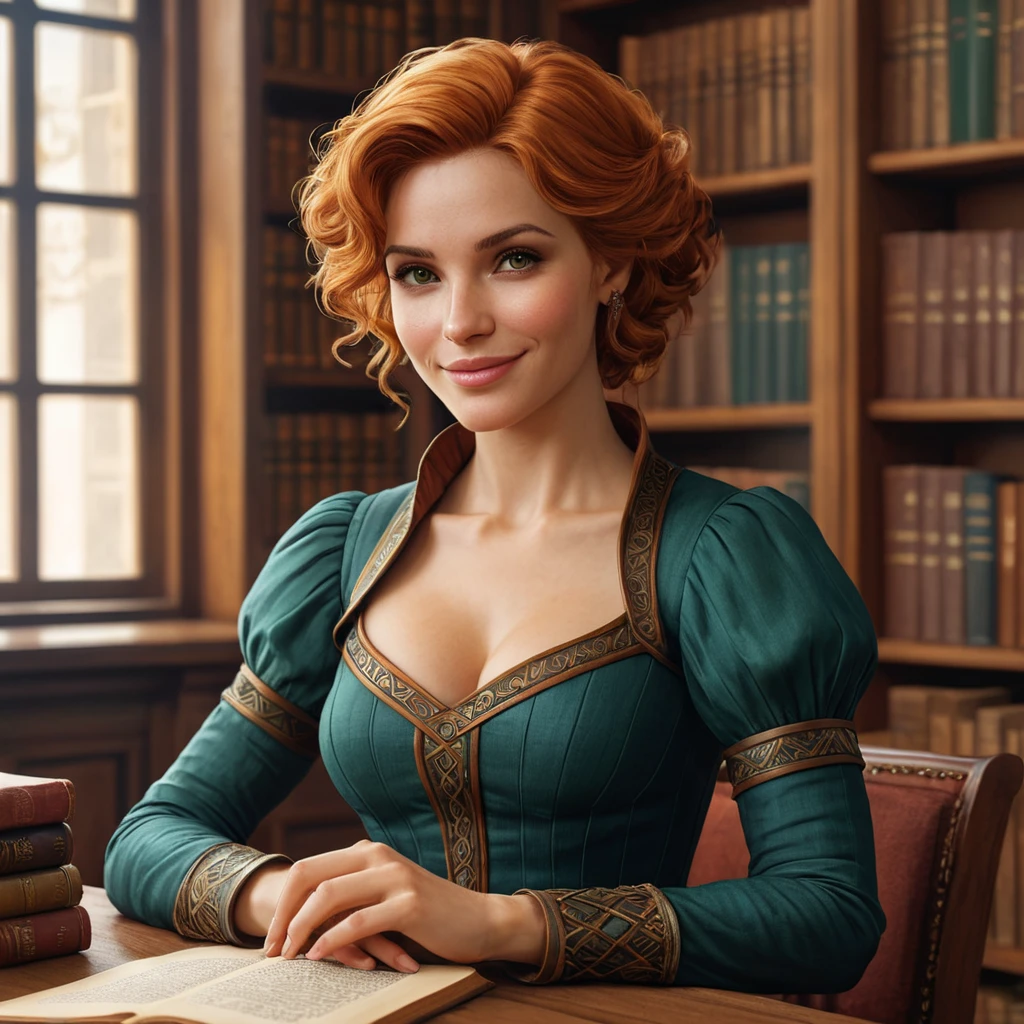 Triss Merigold, the elegant and wise sorceress, with short, curly blonde hair and a warm smile, sitting in a cozy library