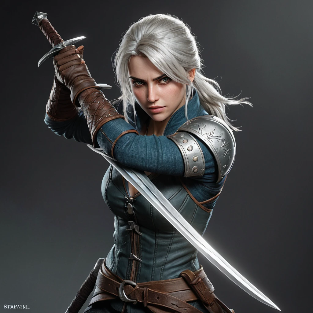 Ciri, the fierce and powerful witcher, wielding her sword in a dynamic action pose. Highly detailed, gritty, and realistic rendering.