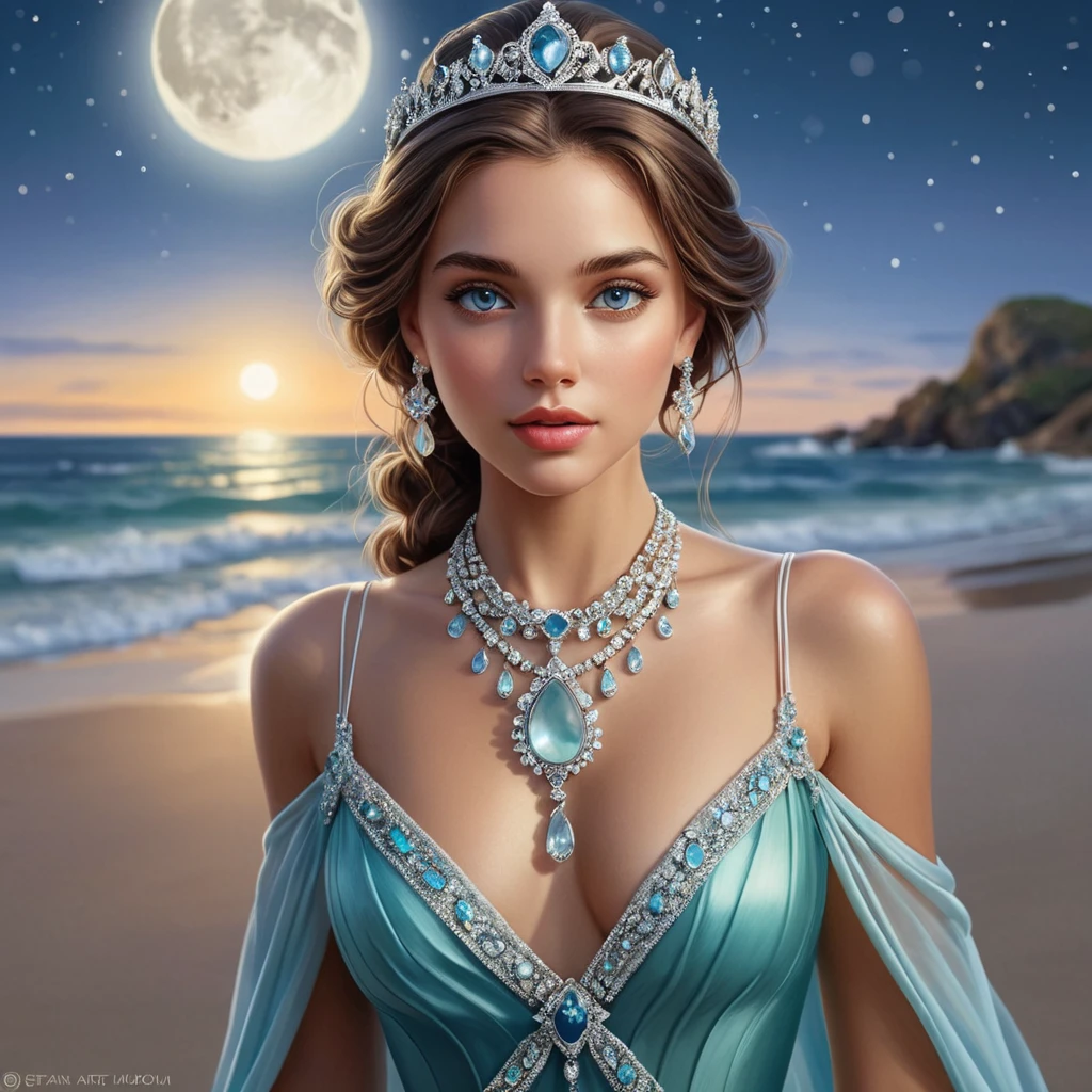 A princess with eyes as deep as the ocean, her necklace made of sea glass, walking on a beach where the sand sparkles like diamonds under a full moon.