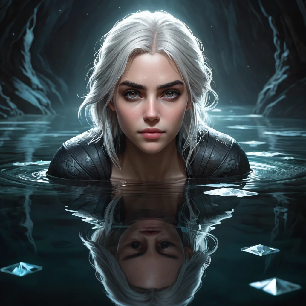 Ciri in a dark, cavernous underground lake, the water illuminated by glowing crystals, her reflection clear in the still water, her expression contemplative