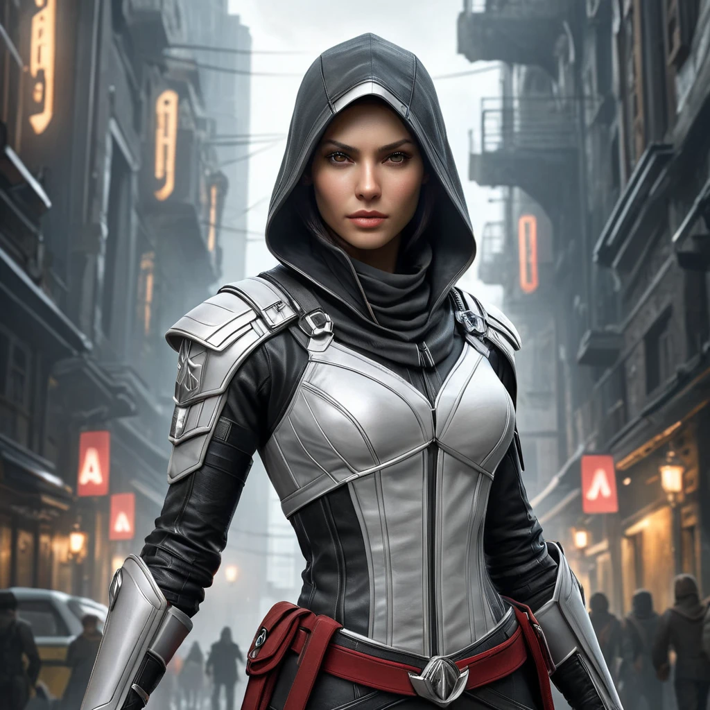 a powerful, enigmatic female Assassin from the Assassin's Creed universe, with a captivating gaze and a sleek, futuristic outfit, in a sci-fi, dystopian setting