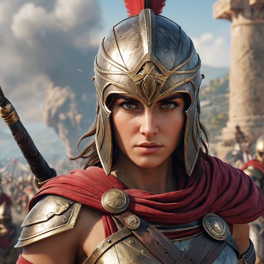 Kassandra from Assassin's Creed Odyssey, in a detailed close-up shot, wearing her helmet with only her intense eyes visible, surrounded by the battlefield's smoke and chaos, capturing the essence of a warrior.