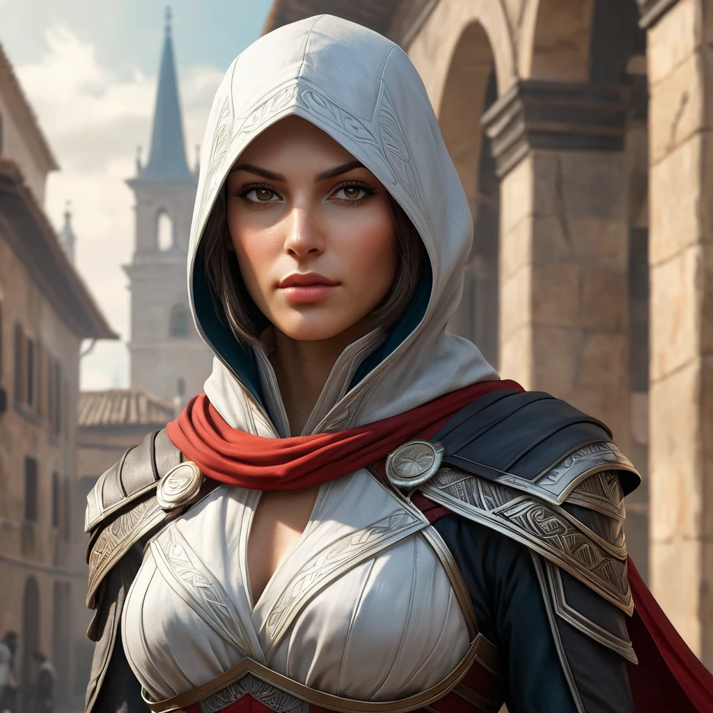 a female Assassin from the Assassin's Creed universe, with a striking, otherworldly beauty and a sense of grace and power, rendered in a highly stylized, surreal style