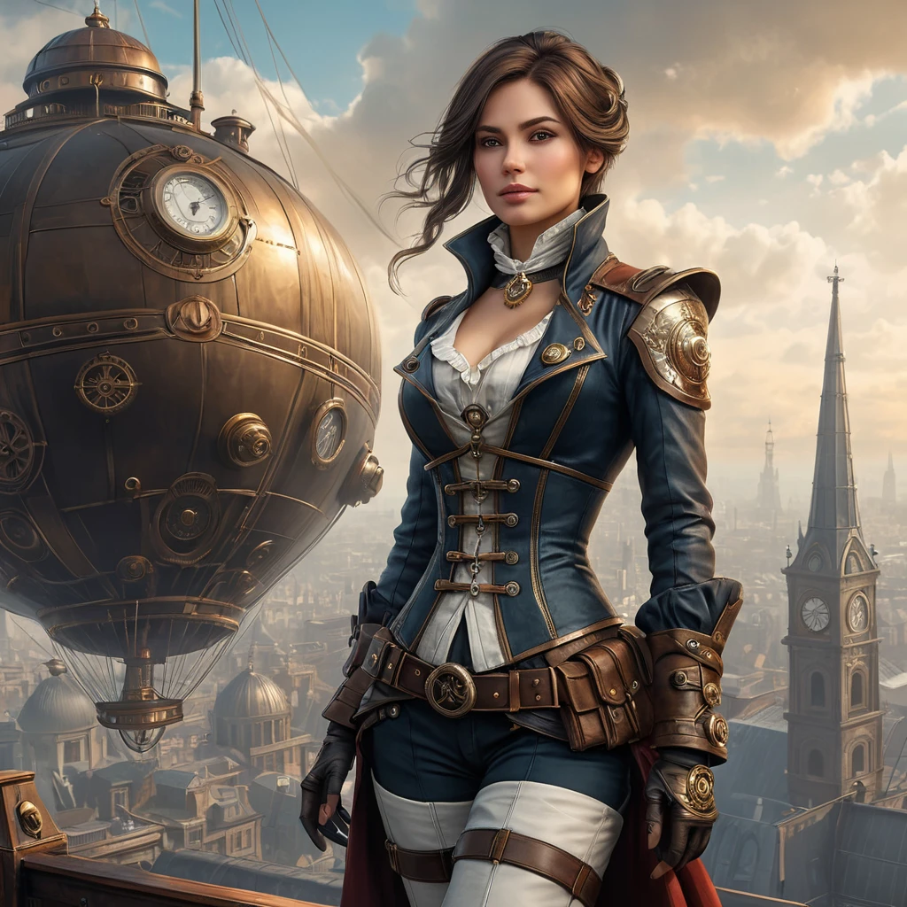 Imagine a beautiful Assassin's Creed character in a steampunk world, her clothing a blend of Victorian elegance and mechanical gears, standing atop a zeppelin with a backdrop of a smog-filled cityscape.