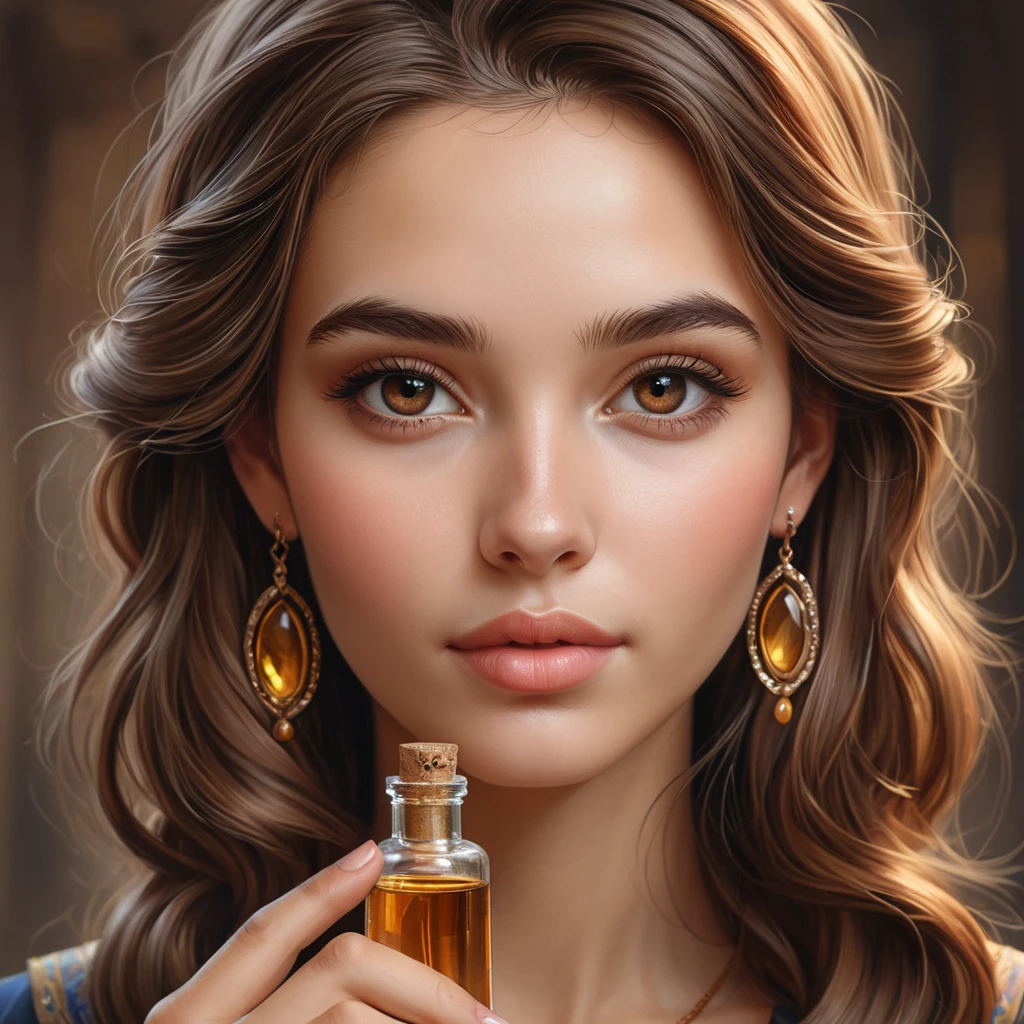 A close-up portrait of a young woman, inspired by Shani, her warm brown eyes filled with kindness, her hands delicately holding a vial of potion, a faint blush on her cheeks