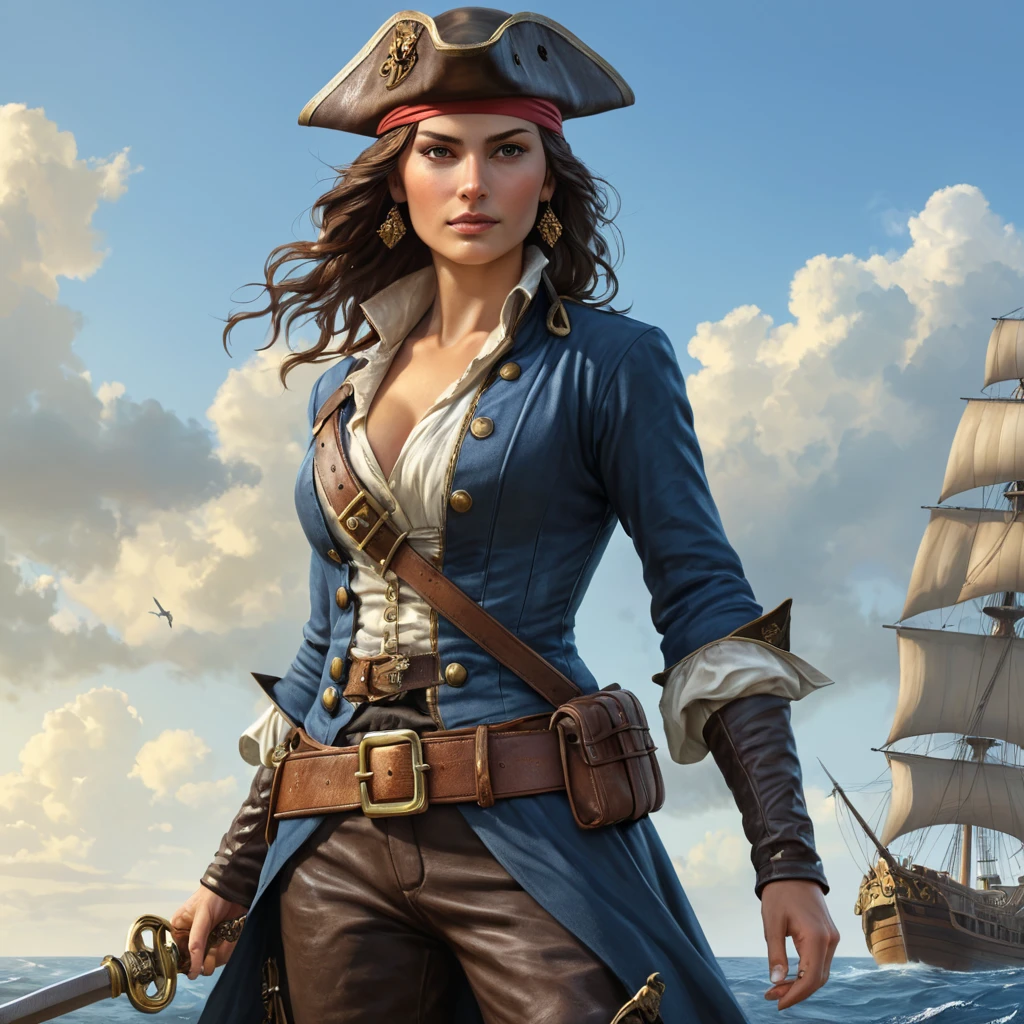 Mary Read, the female Assassin from the Golden Age, with a pirate's outfit and a trusty cutlass