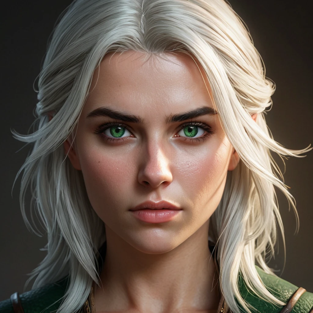 A stunning portrait of Ciri from The Witcher 3, her piercing green eyes and fierce expression commanding attention. Detailed, hyperrealistic, cinematic lighting.