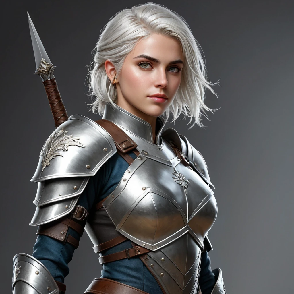 Ciri, the warrior, with a suit of armor and a sword at her side