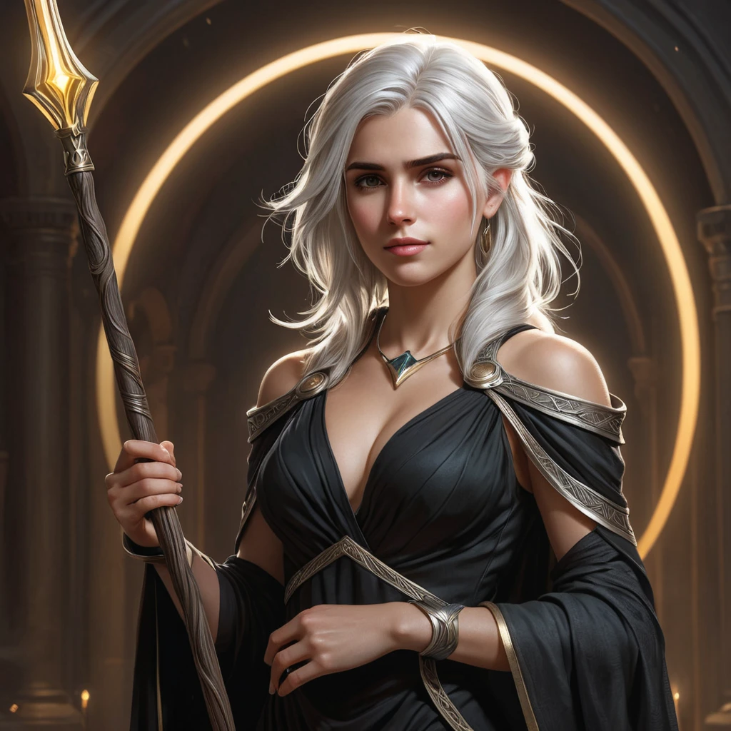 Ciri, the sorceress, with a flowing black dress and a staff in hand, surrounded by a halo of light