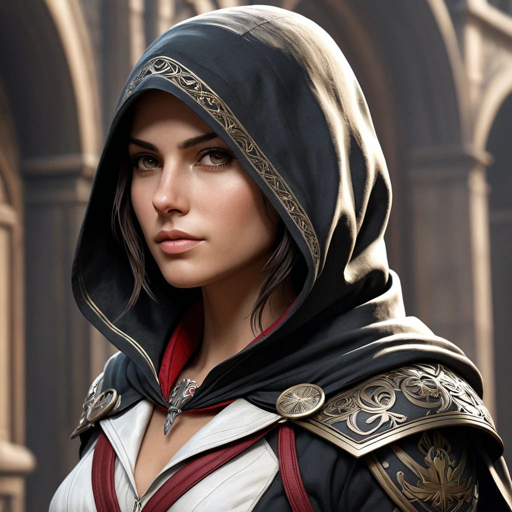 a female protagonist from the Assassin's Creed universe, with a mix of elegance and ferocity, rendered in a high-contrast, cinematic style