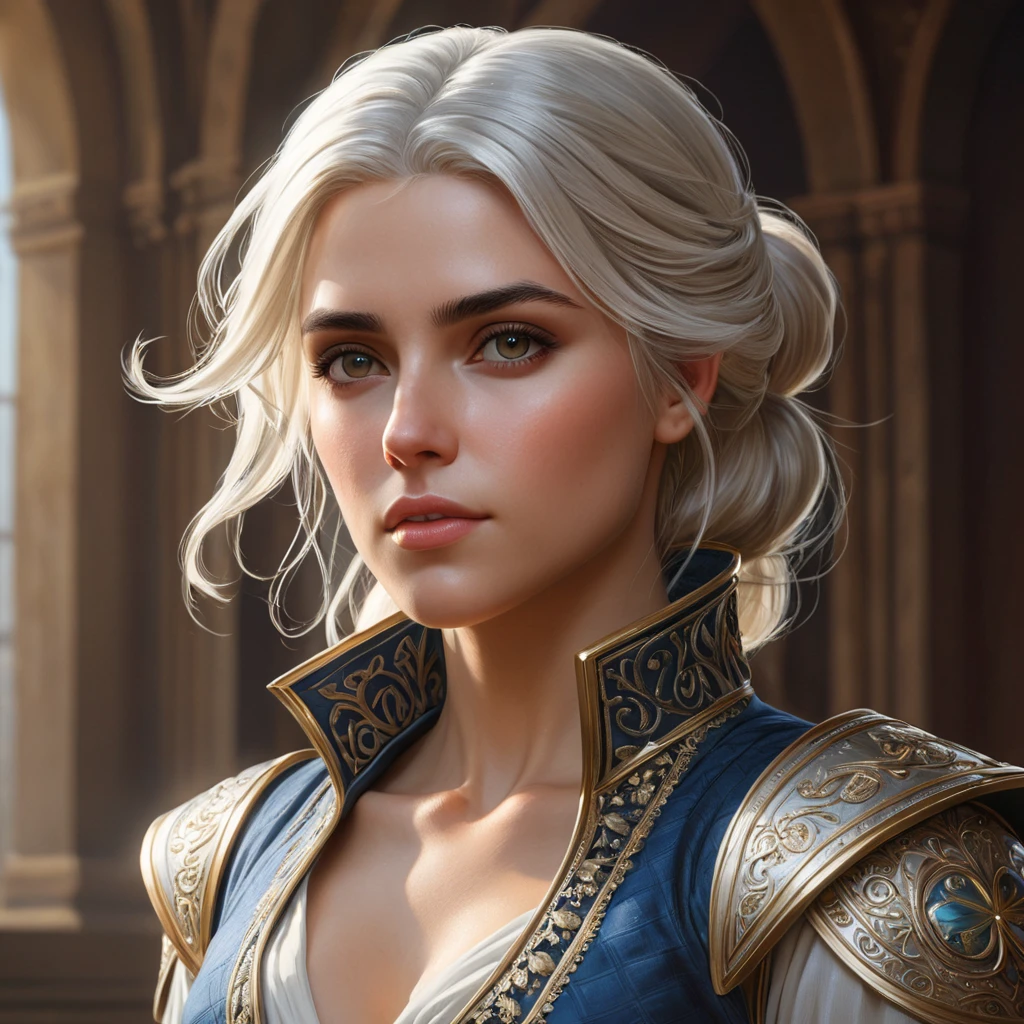 Ciri, the daughter of Emhyr var Emreis, in a regal and commanding pose, her imperial heritage shining through. Highly detailed, ornate, and majestic.