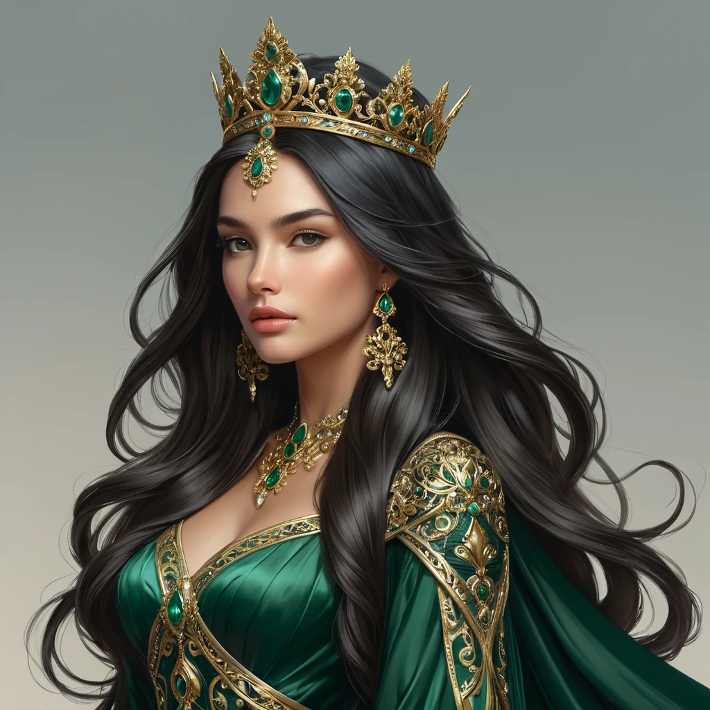 A powerful queen in a flowing gown of deep green and gold, her long dark hair cascading down her back, a crown of intricate metalwork adorning her head, her gaze commanding the respect and loyalty of all who behold her.