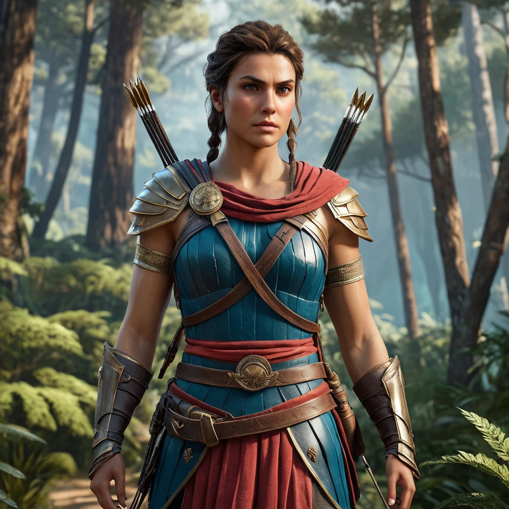 A cinematic shot of Kassandra from Assassin's Creed Odyssey, emerging from a dense forest with a determined look, her armor slightly weathered, and her weapons ready for combat, showcasing the wilderness around her.